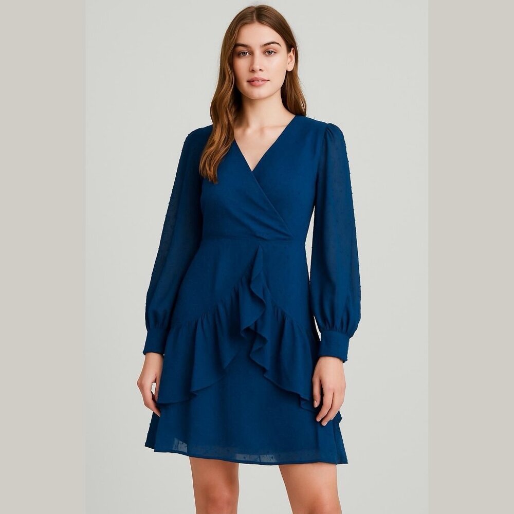 Aooksmery Swiss Dot Ruffle Faux Wrap Dress Small